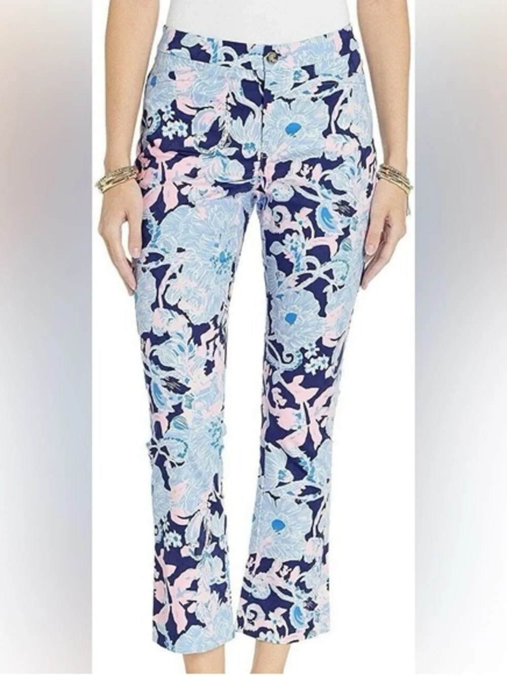 Lilly Pulitzer Navy Floral Cropped Capris with Light Blue & Pink Size 6